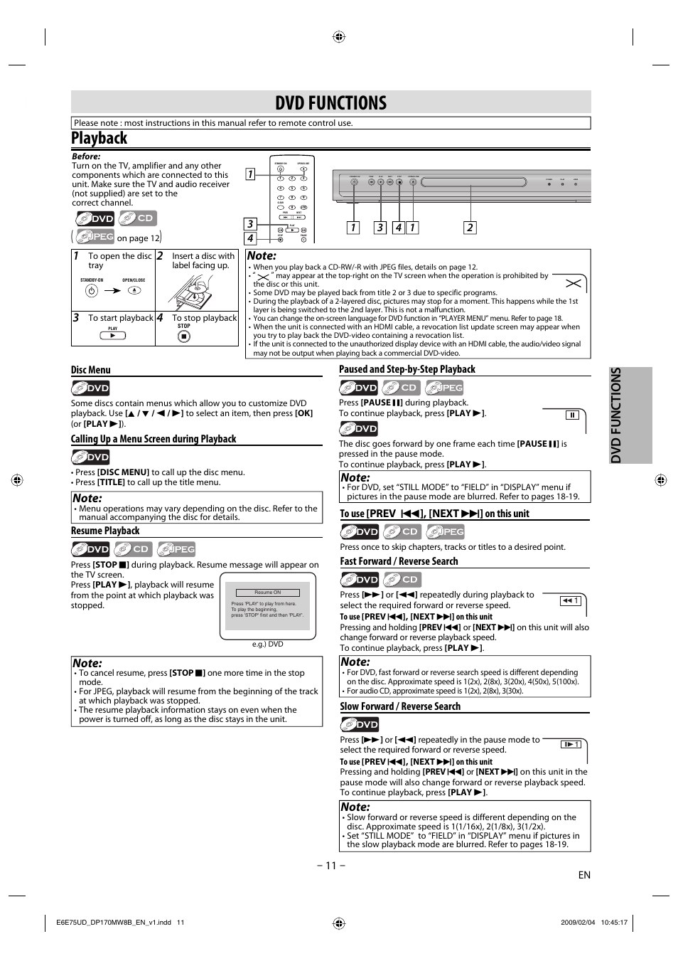 Playback, Dvd functions, Paused and step-by-step playback | Fast forward / reverse search, Resume playback, Slow forward / reverse search, Disc menu, Calling up a menu screen during playback | FUNAI Magnavox DP170MW8B User Manual | Page 11 / 28