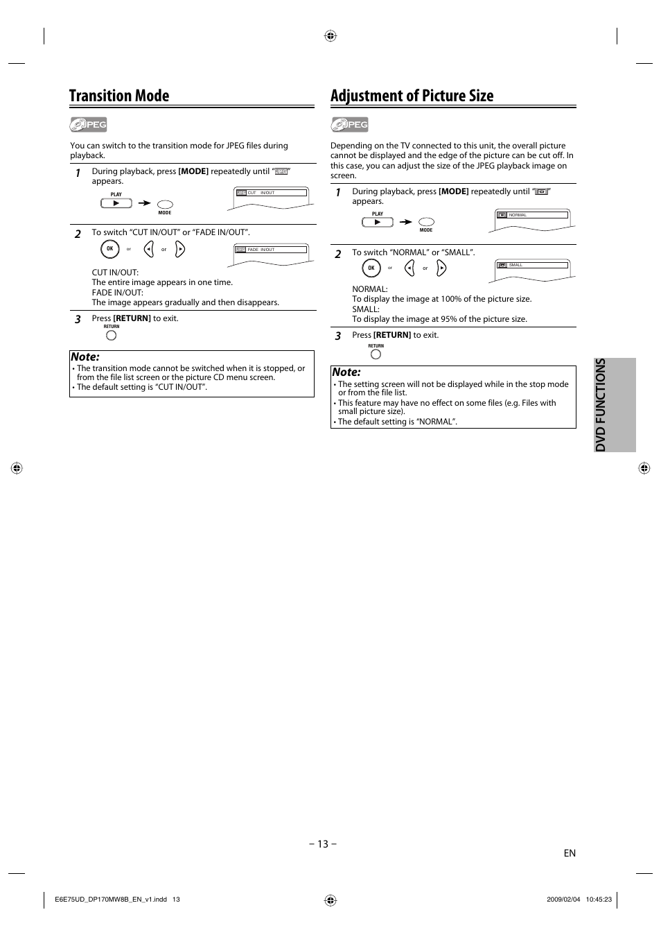 Adjustment of picture size, Transition mode, Dvd functions | FUNAI Magnavox DP170MW8B User Manual | Page 13 / 28