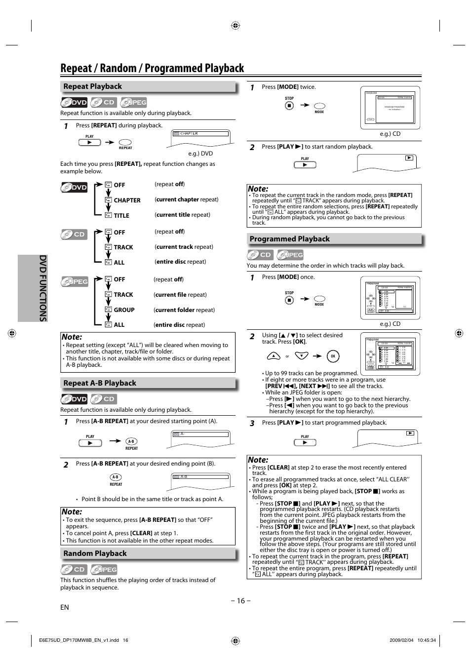 Repeat / random / programmed playback, Dvd functions, Repeat playback | Programmed playback, Random playback, Repeat a-b playback | FUNAI Magnavox DP170MW8B User Manual | Page 16 / 28