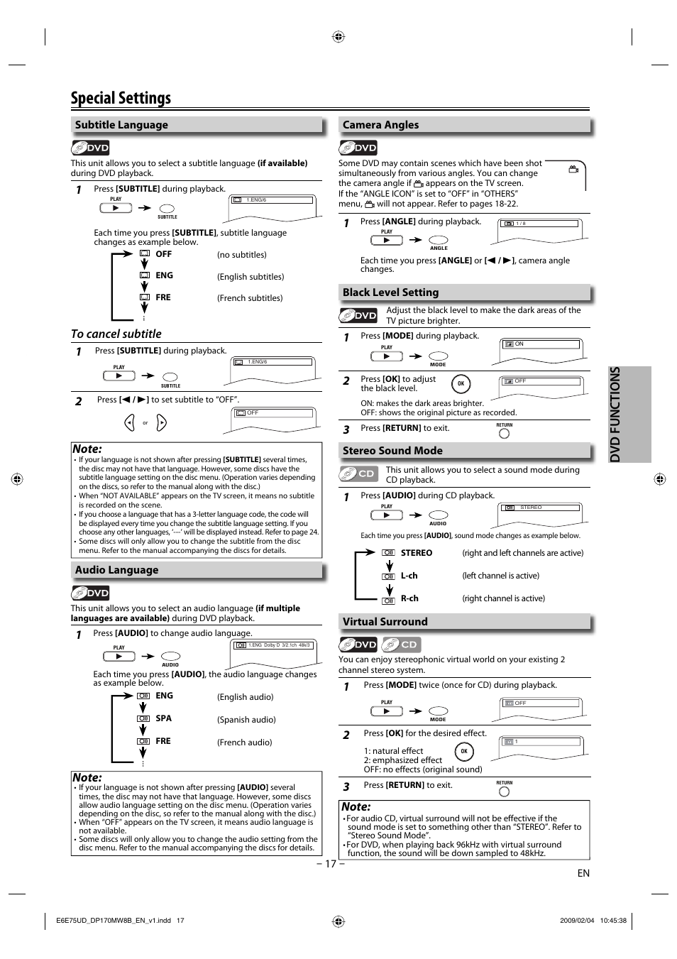 Special settings, Dvd functions, 17 – black level setting stereo sound mode | Subtitle language, Camera angles, Virtual surround, Audio language | FUNAI Magnavox DP170MW8B User Manual | Page 17 / 28