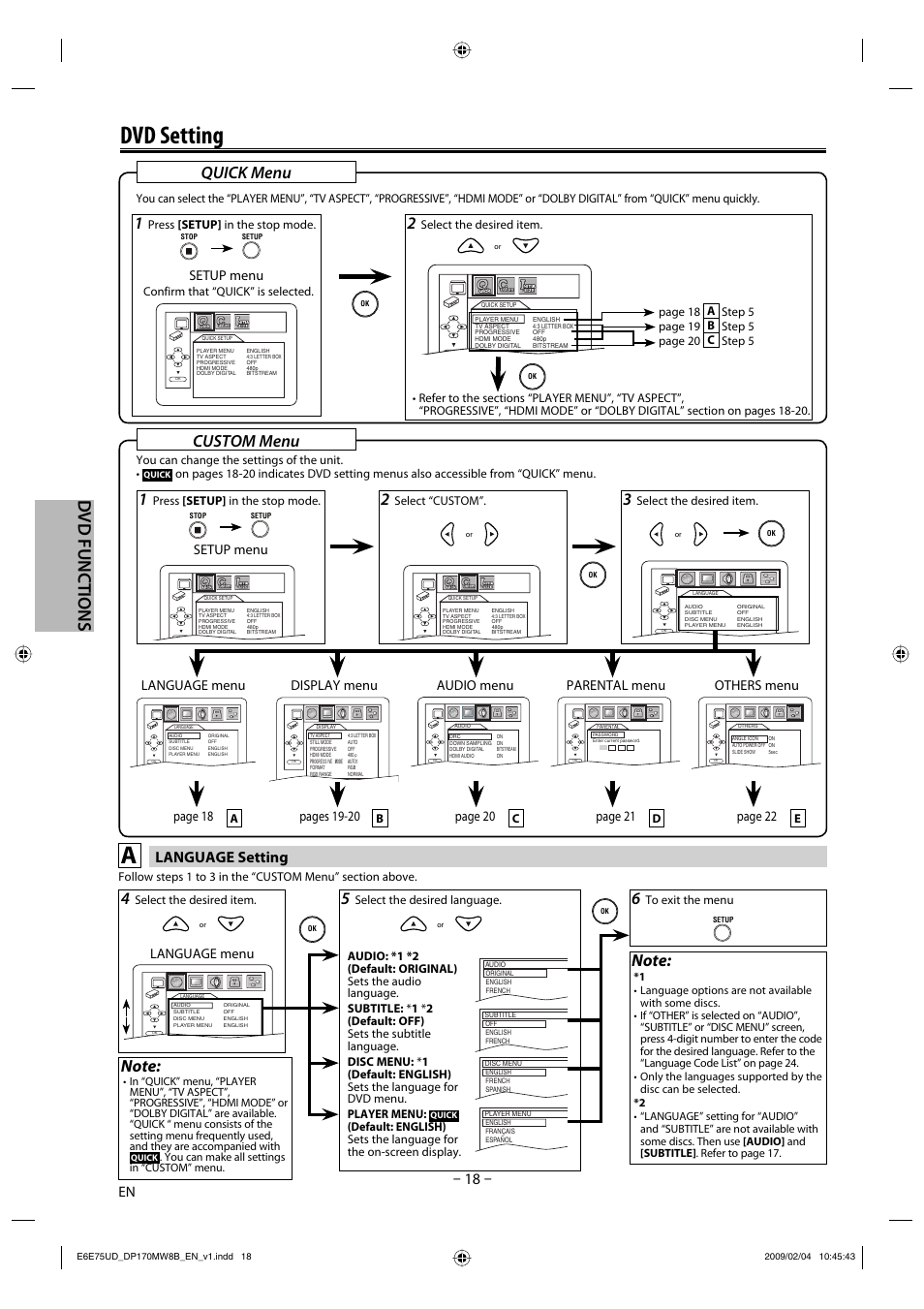 Dvd setting, Dvd functions, Quick menu | Custom menu, Language setting, Language menu, Setup menu, Pages 19-20, Page 20, Page 22 parental menu page 21 | FUNAI Magnavox DP170MW8B User Manual | Page 18 / 28