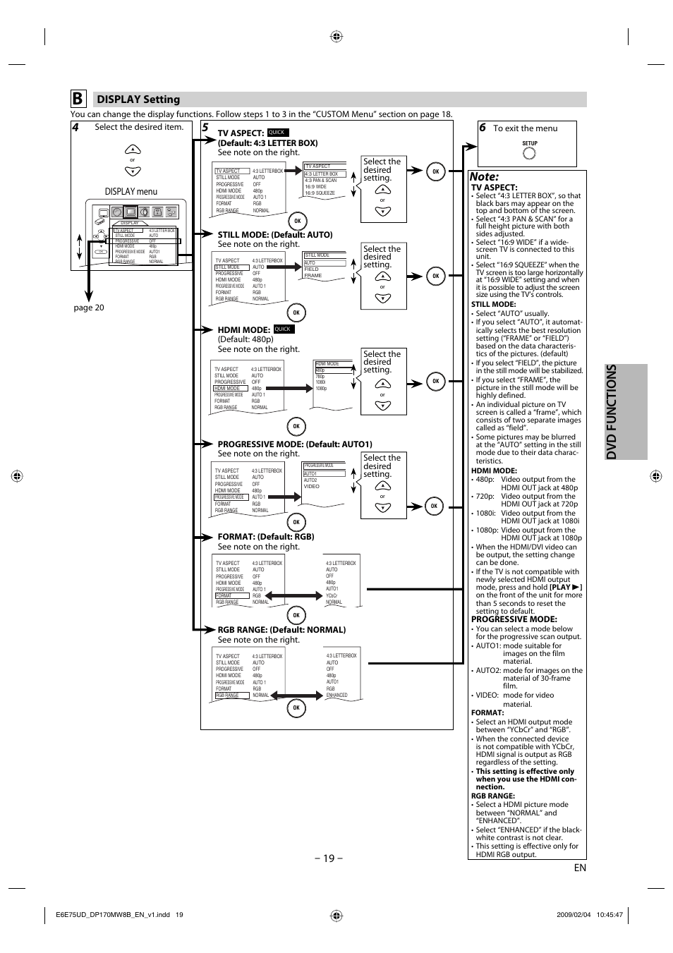 Dvd functions, Display setting, Display menu | FUNAI Magnavox DP170MW8B User Manual | Page 19 / 28