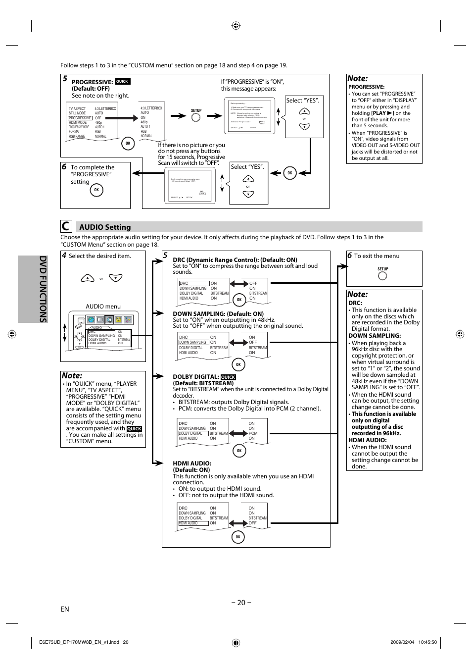 Dvd functions, Audio setting | FUNAI Magnavox DP170MW8B User Manual | Page 20 / 28