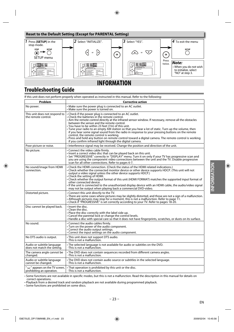 Troubleshooting guide, Information, Setup menu | FUNAI Magnavox DP170MW8B User Manual | Page 23 / 28