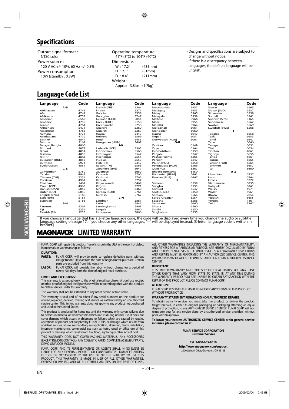 Specifications, Limited warranty, Language code list | Information, Output signal format, Power source, Power consumption, Operating temperature, Dimensions, Weight | FUNAI Magnavox DP170MW8B User Manual | Page 24 / 28