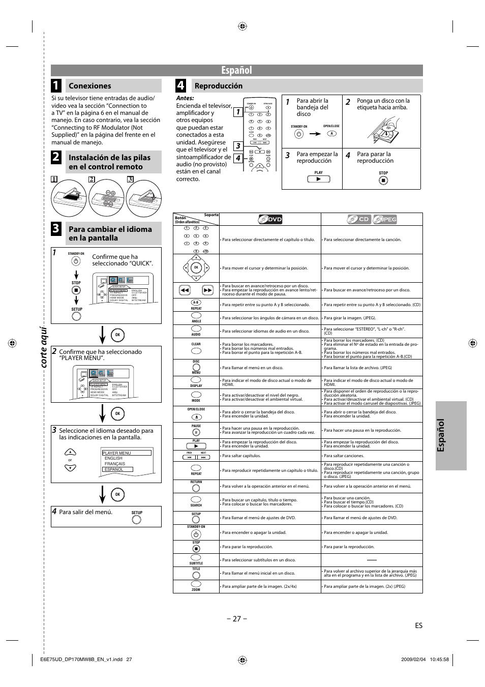 Español, Corte aquí, Conexiones reproducción | Instalación de las pilas en el control remoto, Para cambiar el idioma en la pantalla, Para abrir la bandeja del disco, Ponga un disco con la etiqueta hacia arriba, Para empezar la reproducción, Para parar la reproducción, Confirme que ha seleccionado “quick | FUNAI Magnavox DP170MW8B User Manual | Page 27 / 28