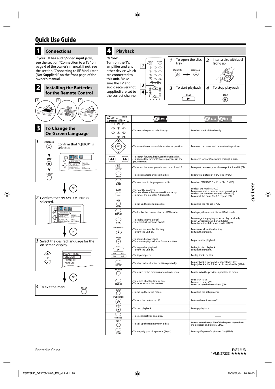 Quick use guide, Cut here, Connections playback | Installing the batteries for the remote control, Confirm that “quick” is selected, Confirm that “player menu” is selected, Insert a disc with label facing up | FUNAI Magnavox DP170MW8B User Manual | Page 28 / 28