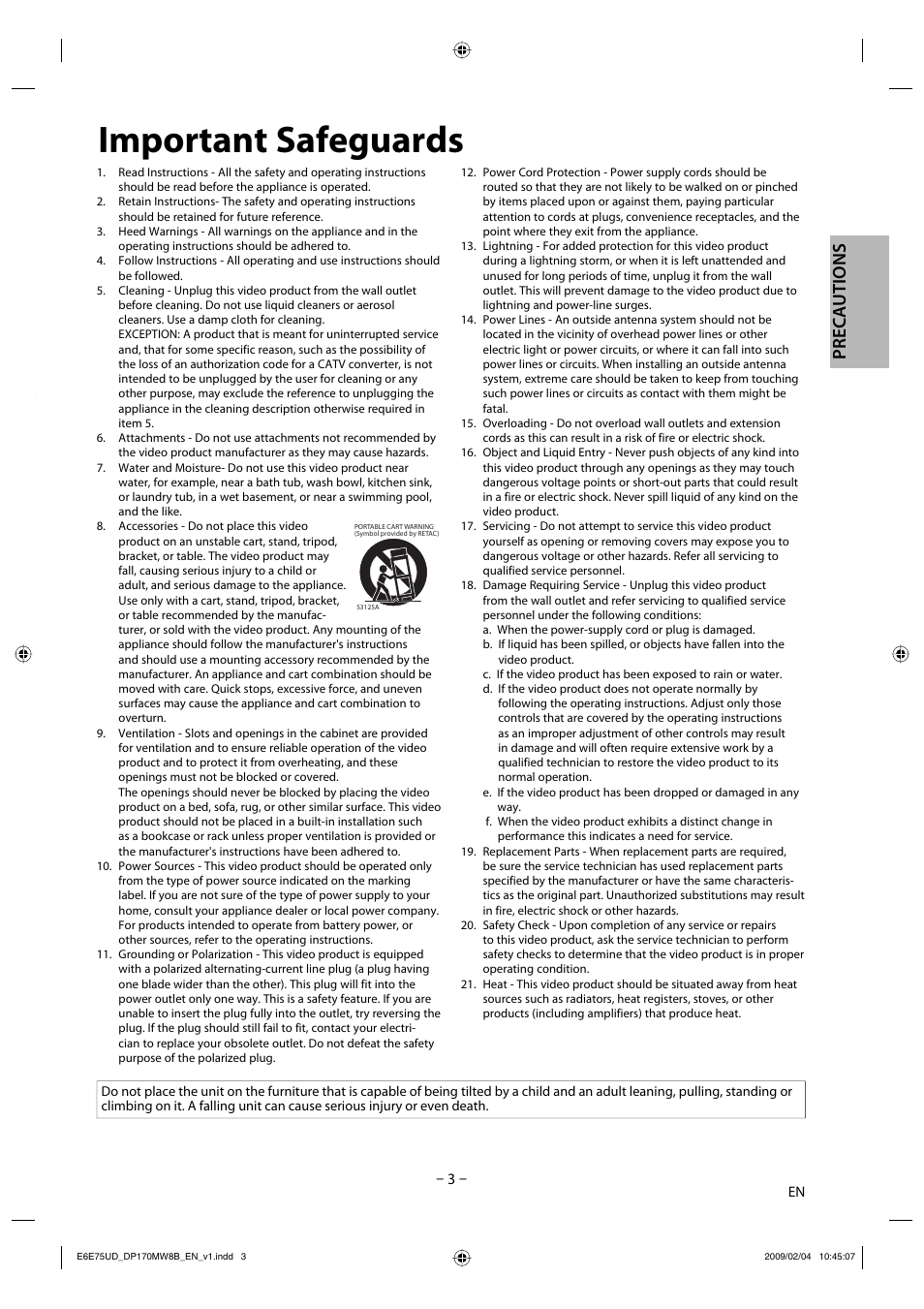 Important safeguards, Precautions | FUNAI Magnavox DP170MW8B User Manual | Page 3 / 28