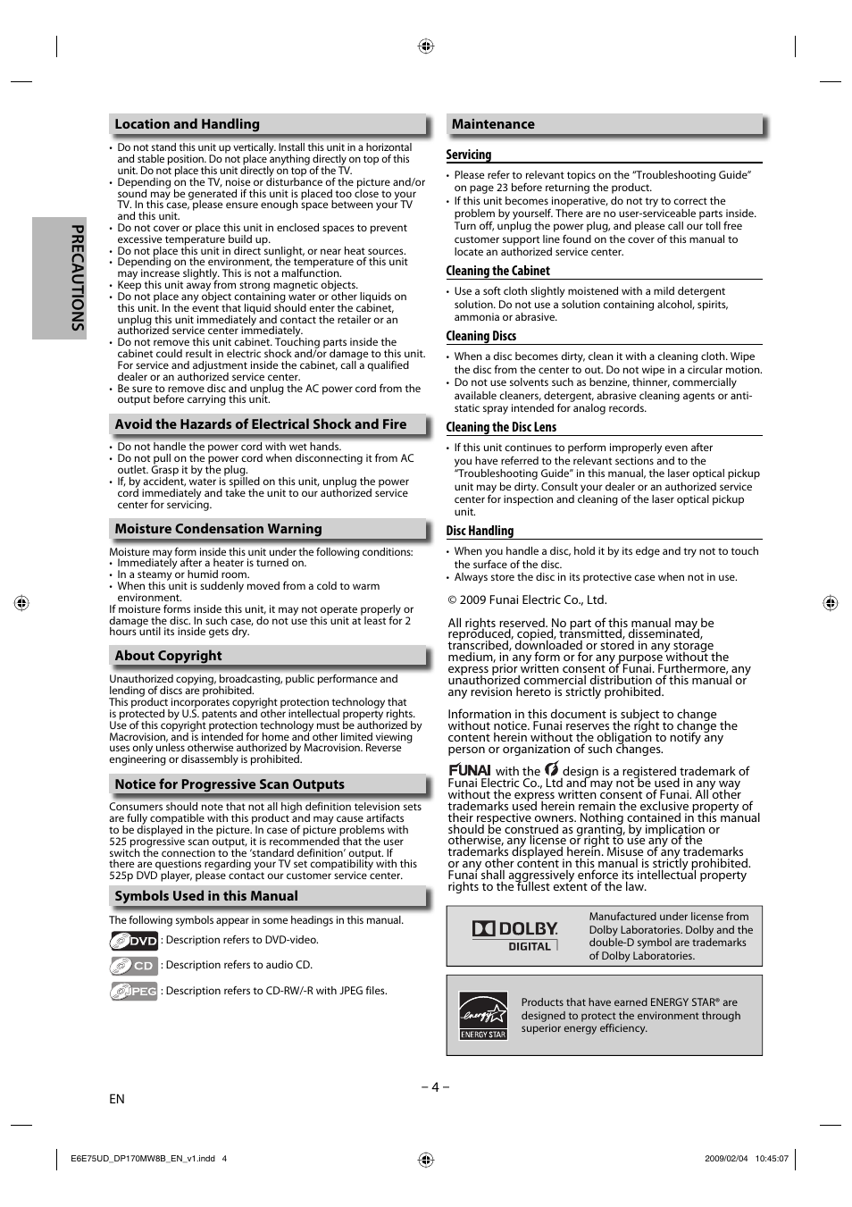 Precautions | FUNAI Magnavox DP170MW8B User Manual | Page 4 / 28