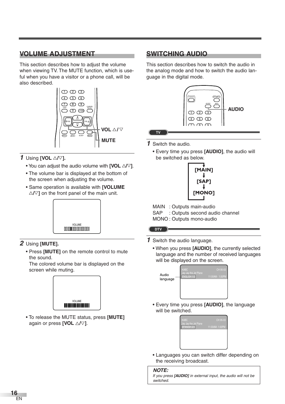 Volume adjustment, Switching audio, Mute vol x / y | Audio | FUNAI CR320IL8 User Manual | Page 16 / 38
