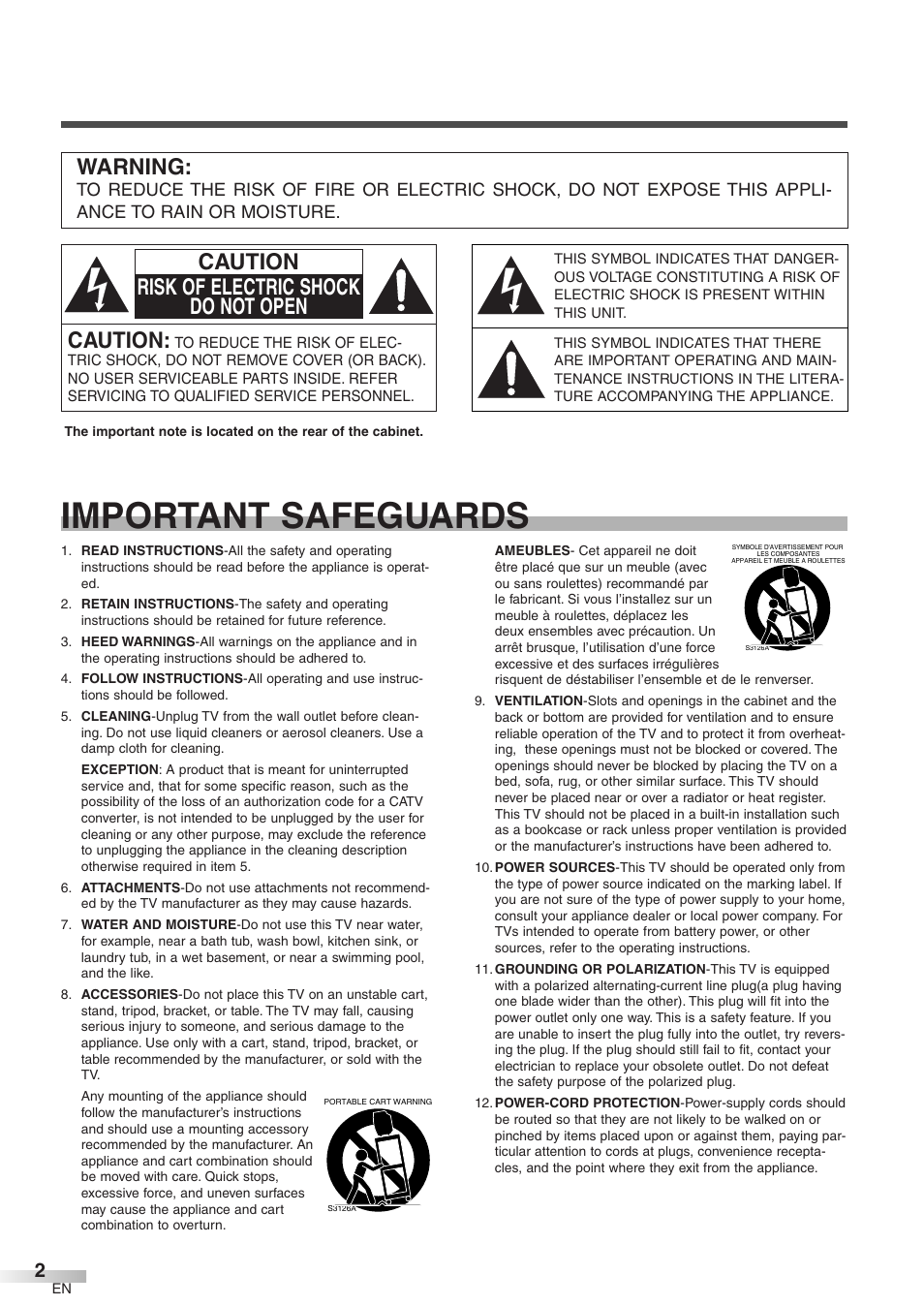 Important safeguards, Caution, Caution risk of electric shock do not open | Warning | FUNAI CR320IL8 User Manual | Page 2 / 38