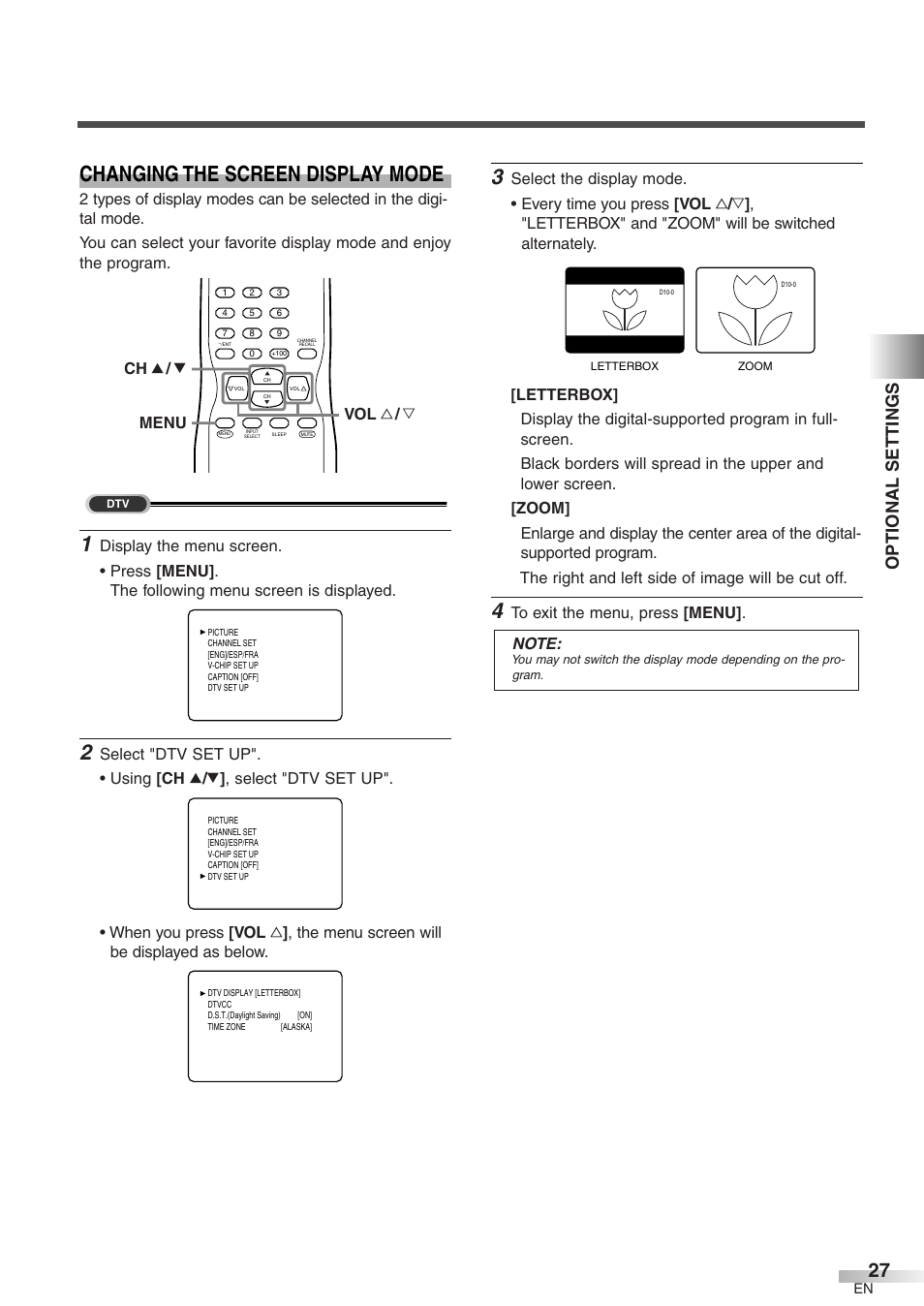 Changing the screen display mode, Optional settings, Menu ch k / l vol x / y | FUNAI CR320IL8 User Manual | Page 27 / 38