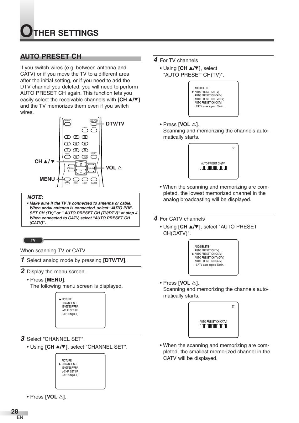 Ther settings, Auto preset ch, Select analog mode by pressing [dtv/tv | Vol x dtv/tv menu ch k / l | FUNAI CR320IL8 User Manual | Page 28 / 38