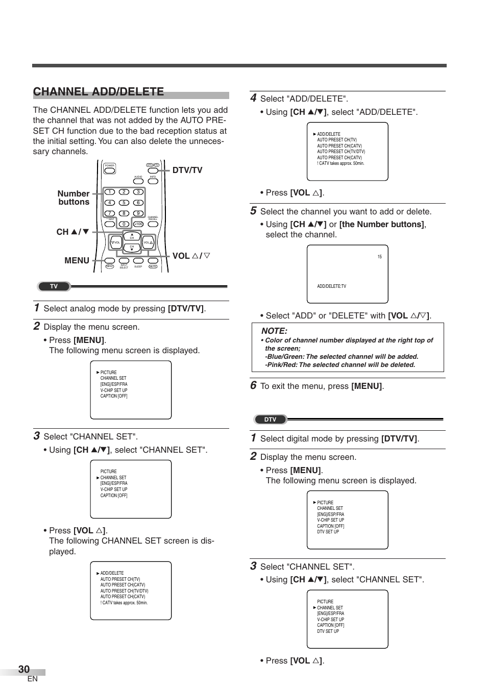 Channel add/delete, Select analog mode by pressing [dtv/tv, Menu ch k / l vol x / y dtv/tv number buttons | Select digital mode by pressing [dtv/tv | FUNAI CR320IL8 User Manual | Page 30 / 38