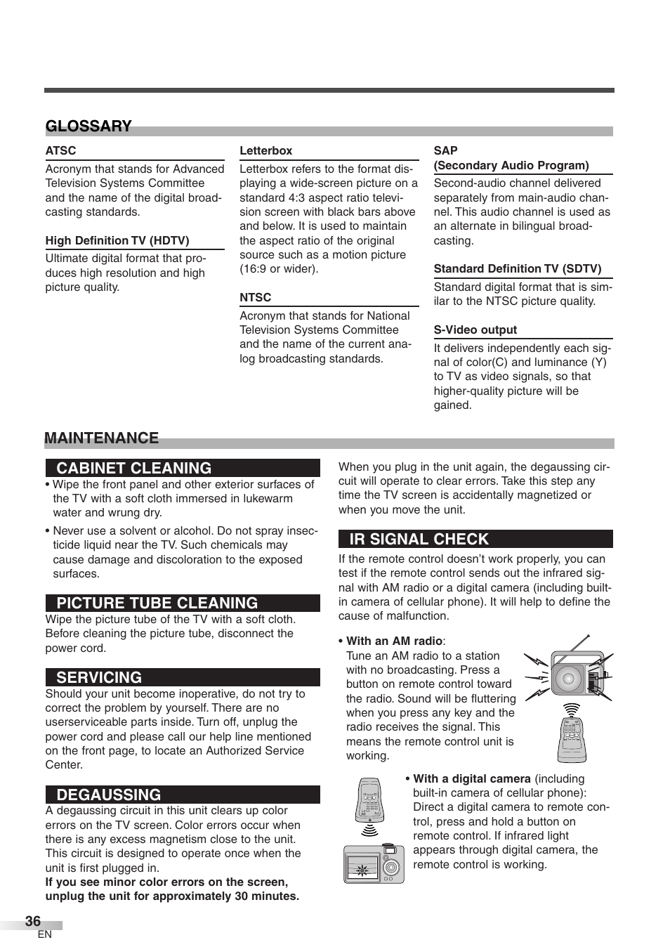 Cabinet cleaning, Picture tube cleaning, Servicing | Degaussing, Ir signal check, Maintenance glossary | FUNAI CR320IL8 User Manual | Page 36 / 38