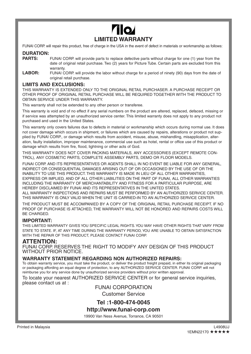 Limited warranty, Attention, Funai corporation customer service | FUNAI CR320IL8 User Manual | Page 38 / 38