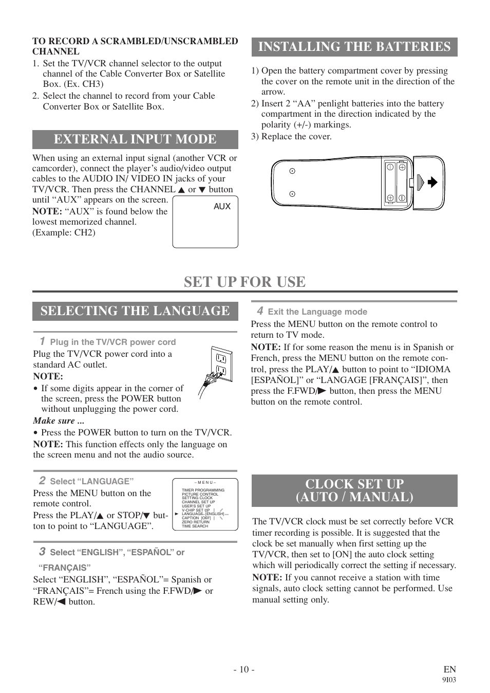 Set up for use, Installing the batteries, Selecting the language | External input mode, Clock set up (auto / manual) | FUNAI EC313E User Manual | Page 10 / 32