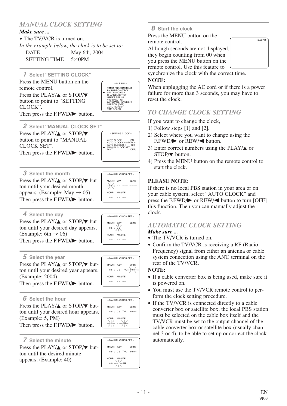 Manual clock setting, Automatic clock setting, 11 - en | Make sure, The tv/vcr is turned on | FUNAI EC313E User Manual | Page 11 / 32