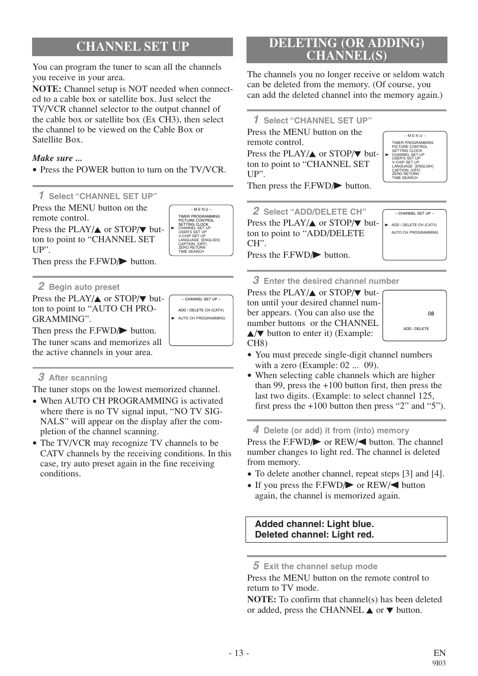 Deleting (or adding) channel(s), Channel set up | FUNAI EC313E User Manual | Page 13 / 32