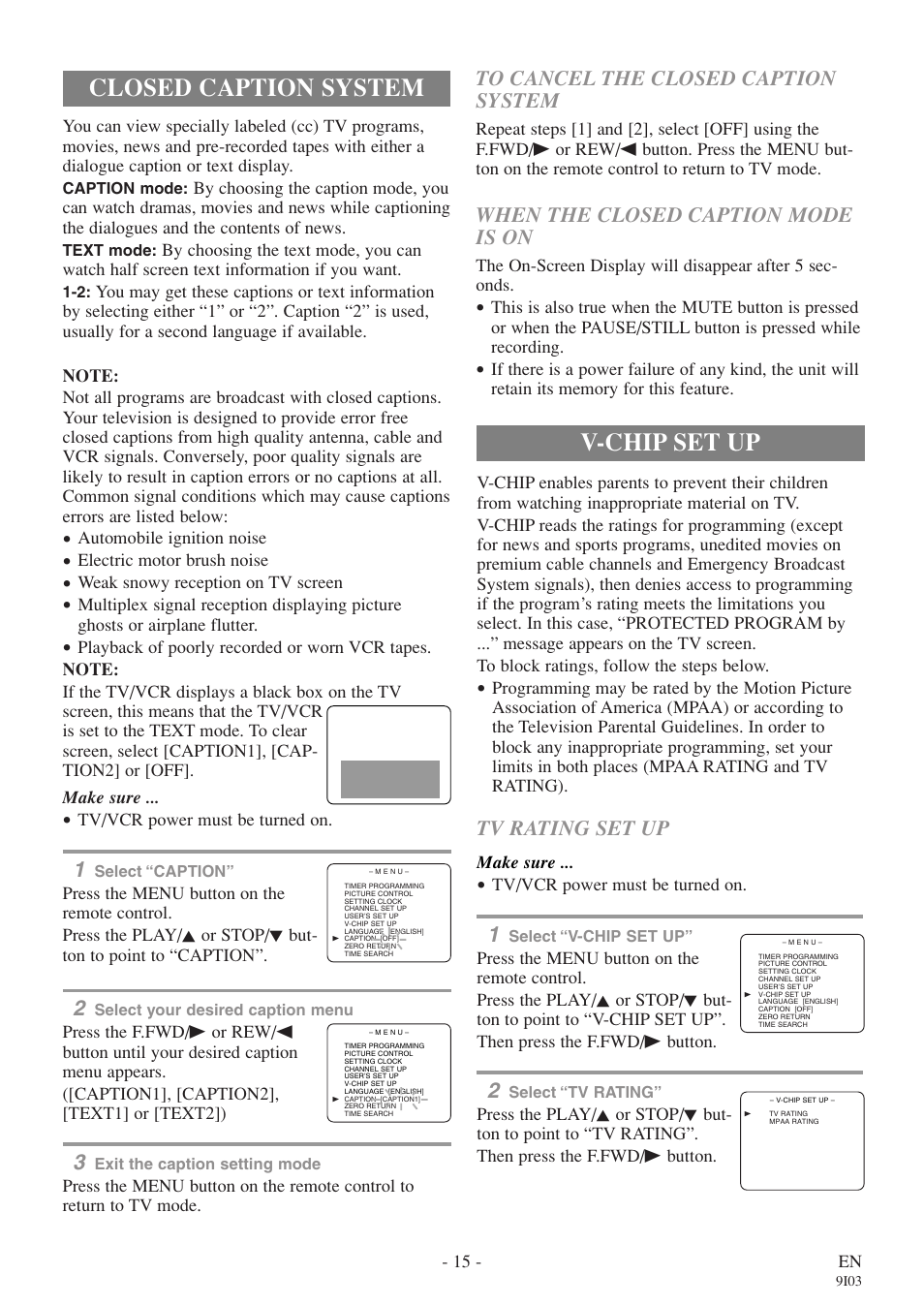 Closed caption system, V-chip set up, When the closed caption mode is on | Tv rating set up | FUNAI EC313E User Manual | Page 15 / 32