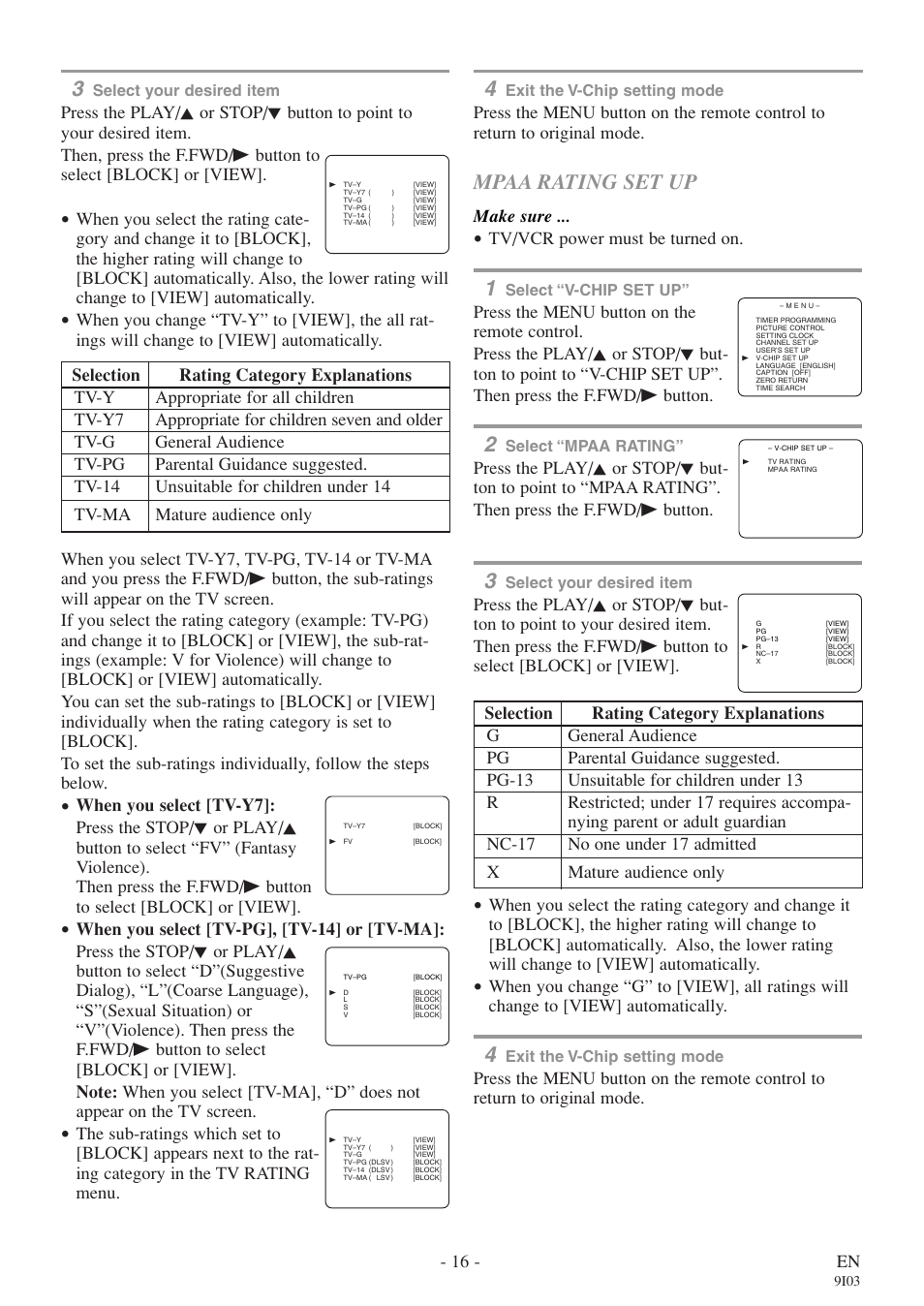 Mpaa rating set up, 16 - en, Make sure | Tv/vcr power must be turned on | FUNAI EC313E User Manual | Page 16 / 32