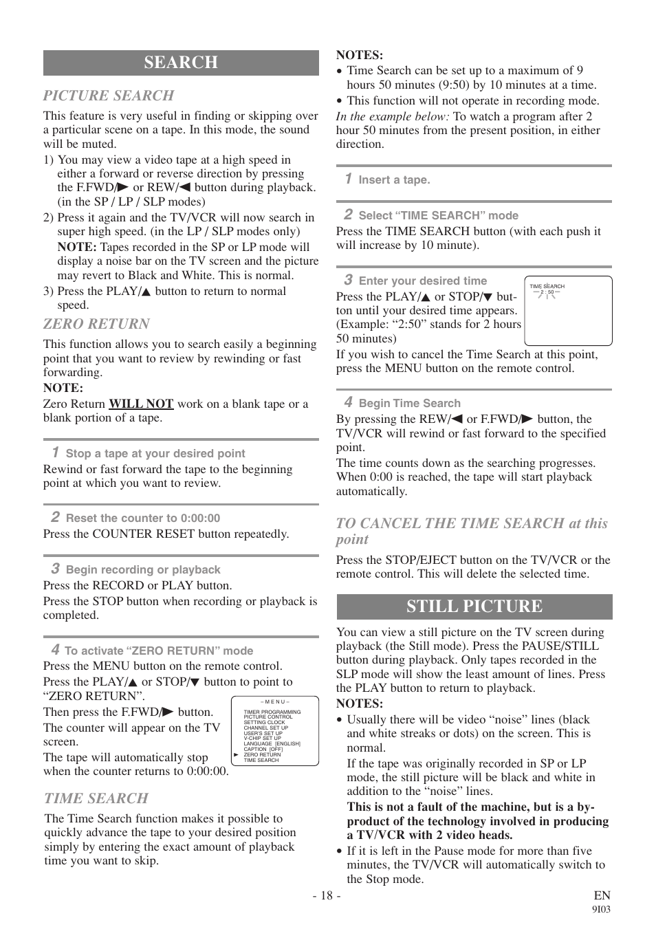 Still picture, Search, Picture search | Zero return, Time search | FUNAI EC313E User Manual | Page 18 / 32