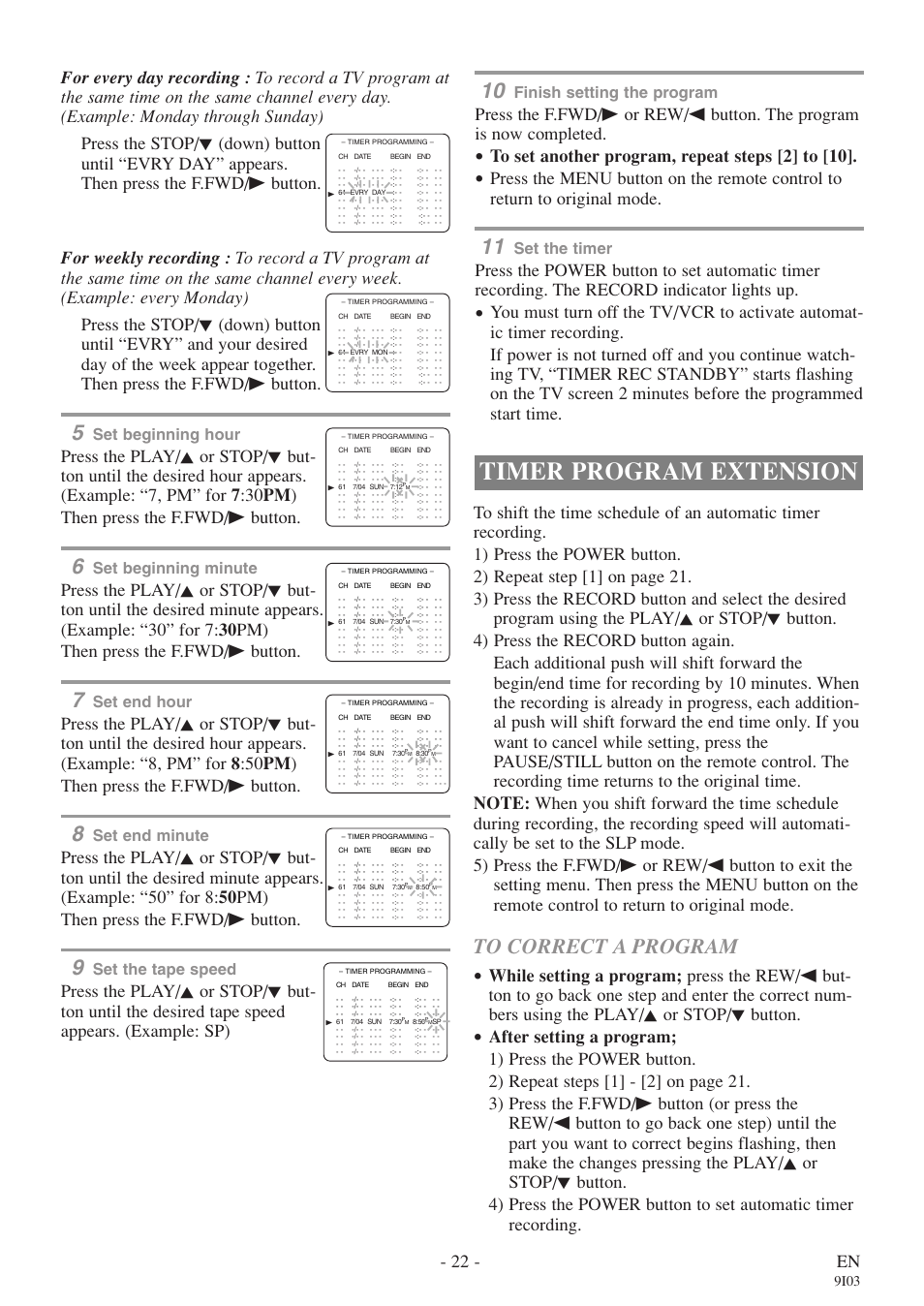 Timer program extension, 22 - en, Set beginning hour | Set beginning minute, Set end hour, Set end minute, Set the tape speed, Finish setting the program, Set the timer, 9i03 | FUNAI EC313E User Manual | Page 22 / 32