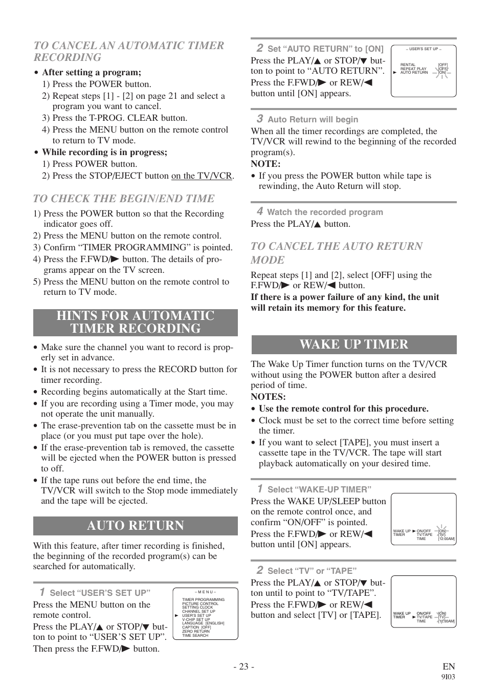 Hints for automatic timer recording, Auto return, Wake up timer | FUNAI EC313E User Manual | Page 23 / 32