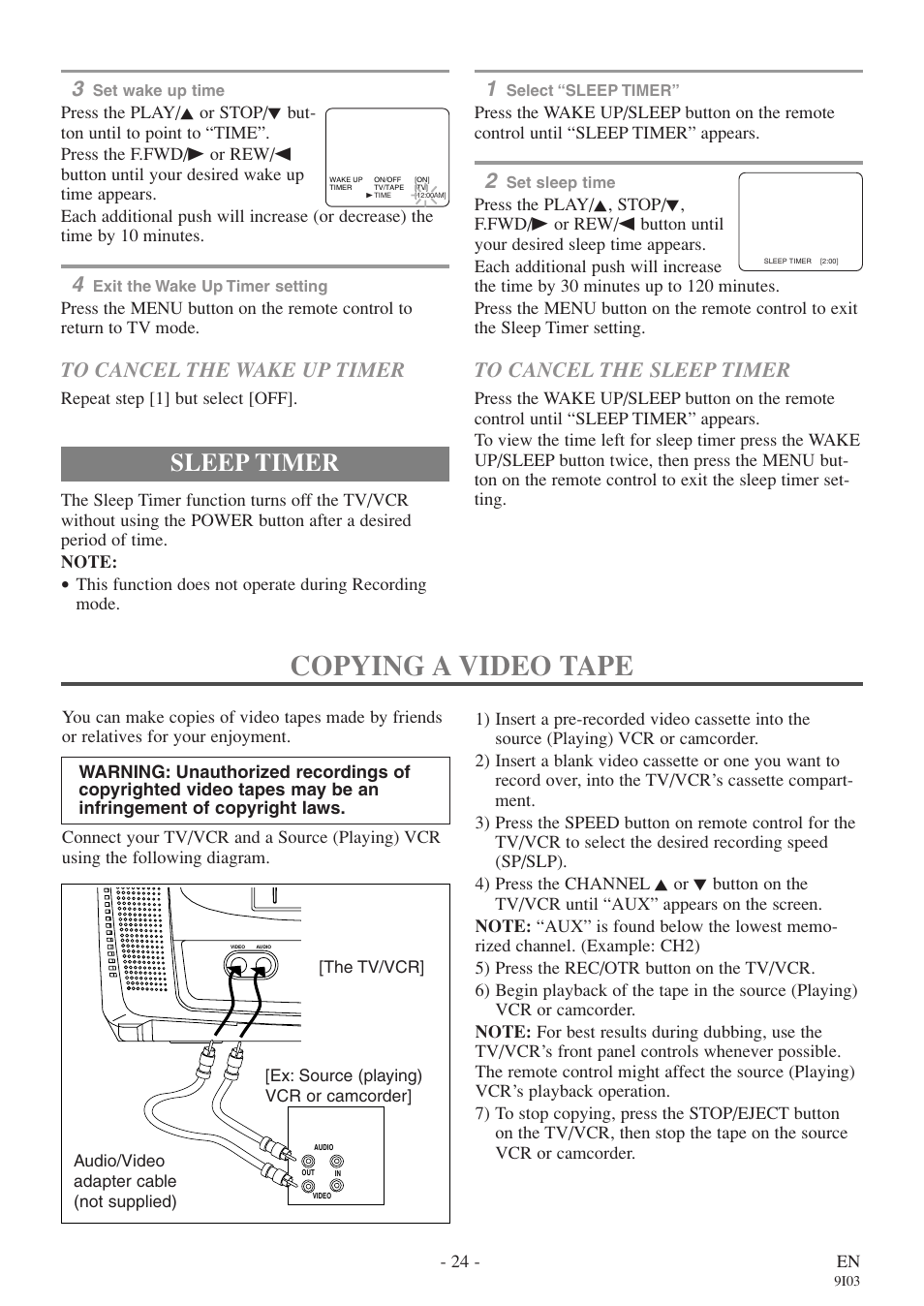 Copying a video tape, Sleep timer | FUNAI EC313E User Manual | Page 24 / 32