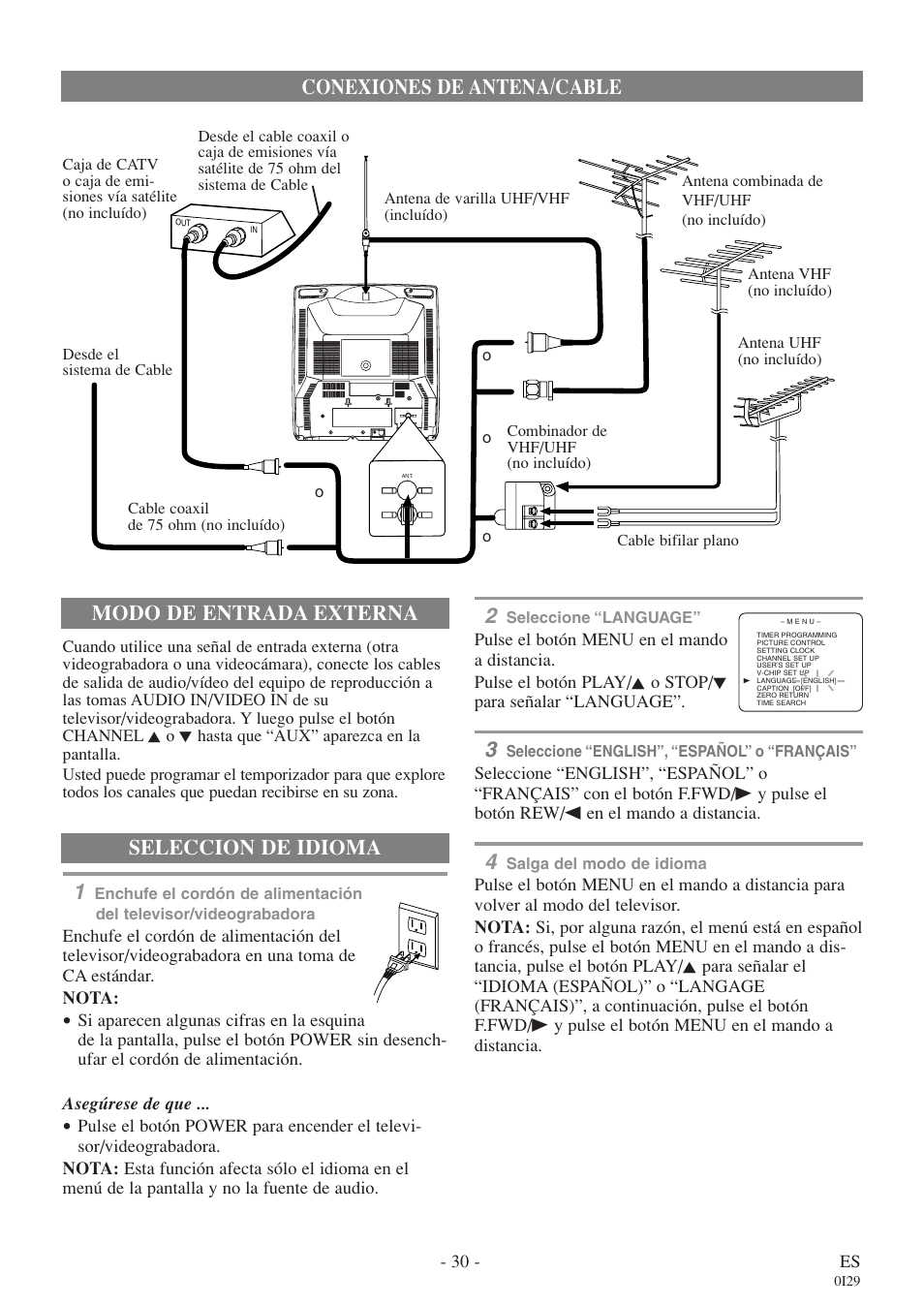 Conexiones de antena/cable, Seleccion de idioma 2, Modo de entrada externa | FUNAI EC313E User Manual | Page 30 / 32