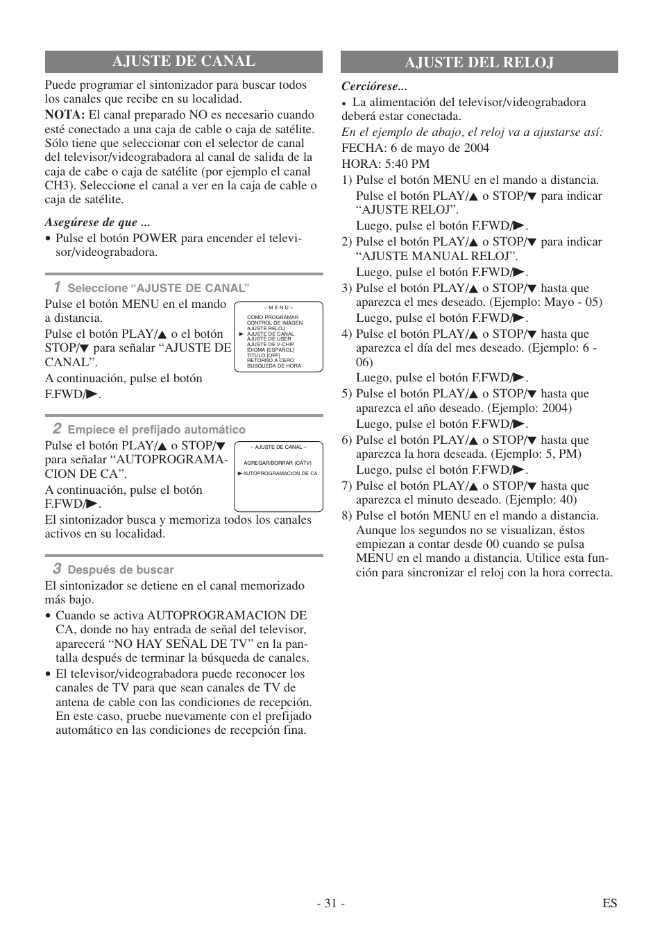 Ajuste del reloj ajuste de canal | FUNAI EC313E User Manual | Page 31 / 32