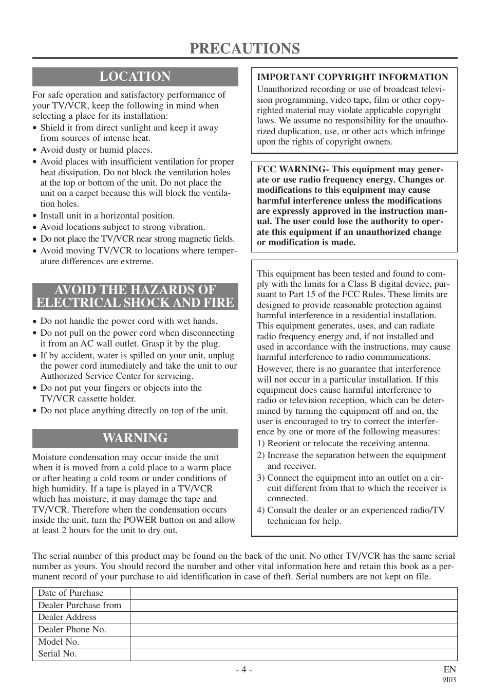 Precautions, Avoid the hazards of electrical shock and fire, Location | Warning | FUNAI EC313E User Manual | Page 4 / 32