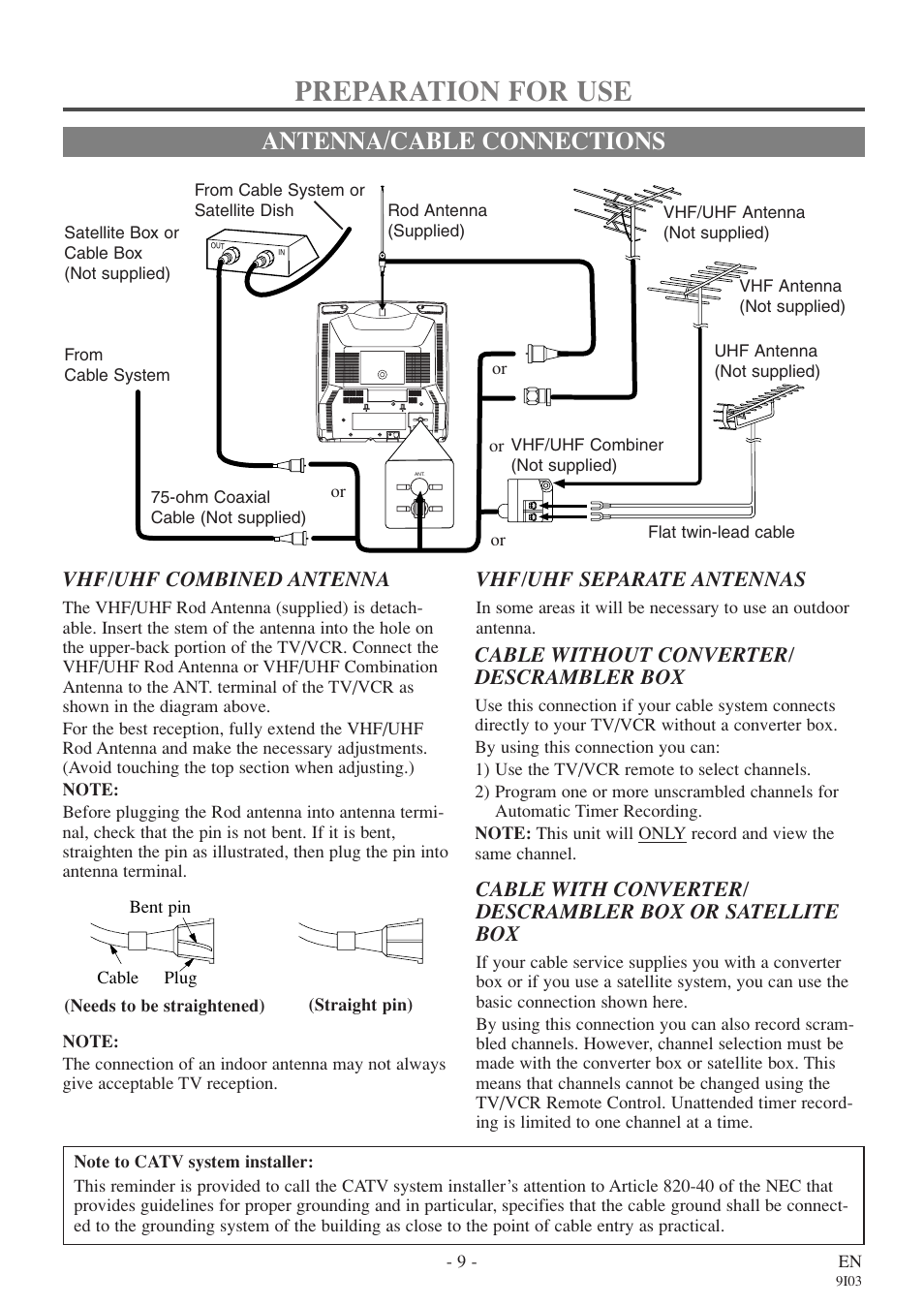 Preparation for use, Antenna/cable connections, Vhf/uhf combined antenna | Cable without converter/ descrambler box, Vhf/uhf separate antennas | FUNAI EC313E User Manual | Page 9 / 32