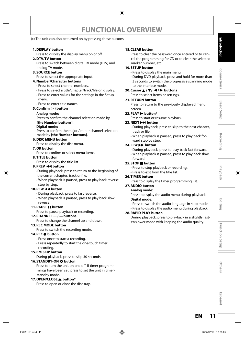 Functional overview, 11 en 11 en | FUNAI ZC350MS8 User Manual | Page 11 / 102