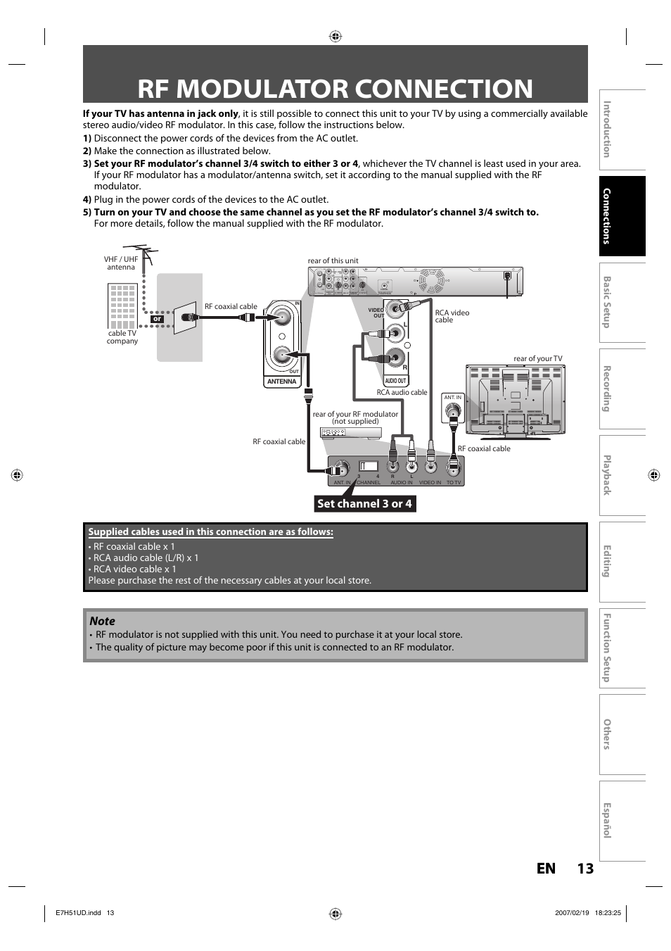 Rf modulator connection, 13 en 13 en, Set channel 3 or 4 | FUNAI ZC350MS8 User Manual | Page 13 / 102