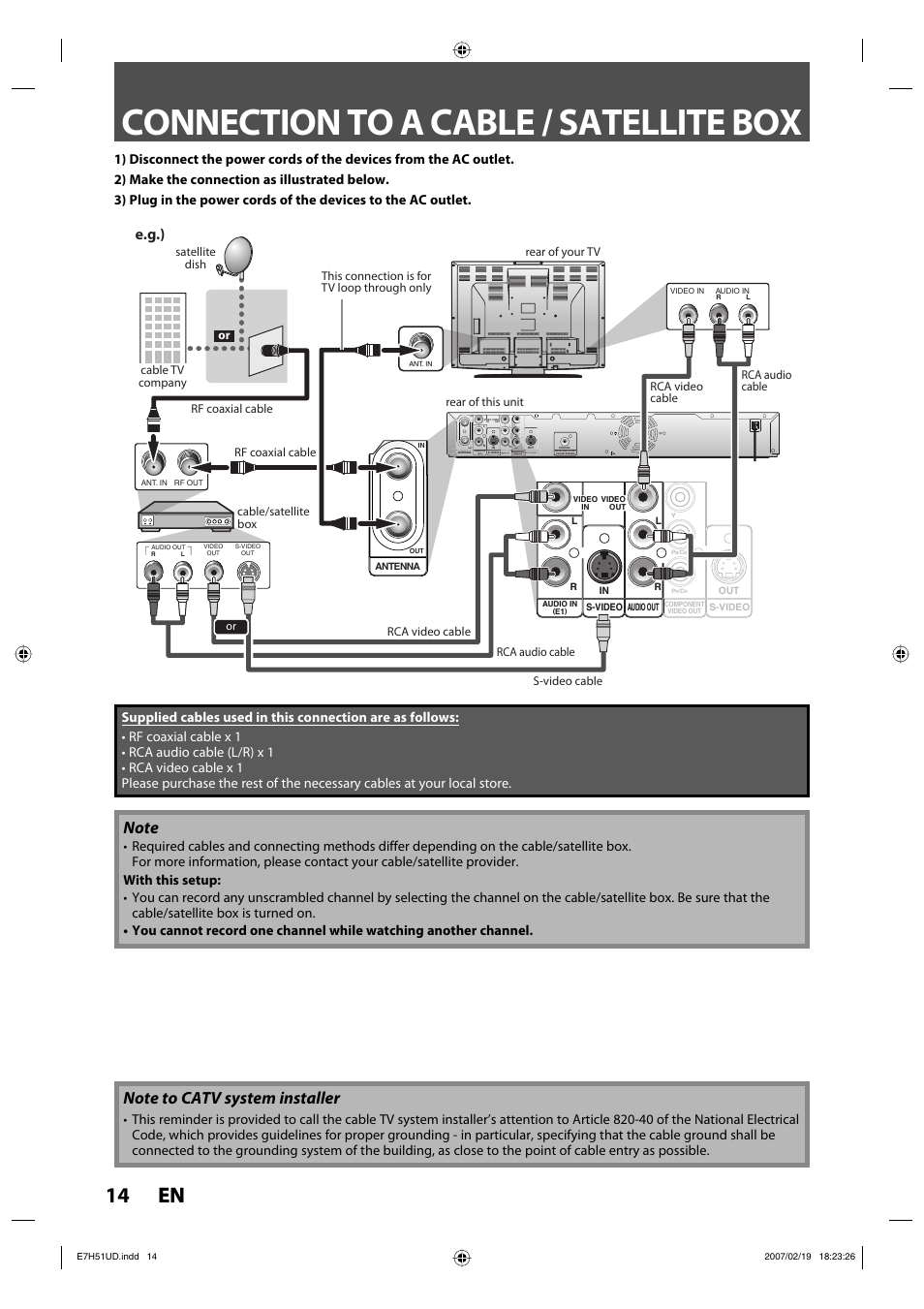 Connection to a cable / satellite box, 14 en 14 en, E.g.) | FUNAI ZC350MS8 User Manual | Page 14 / 102