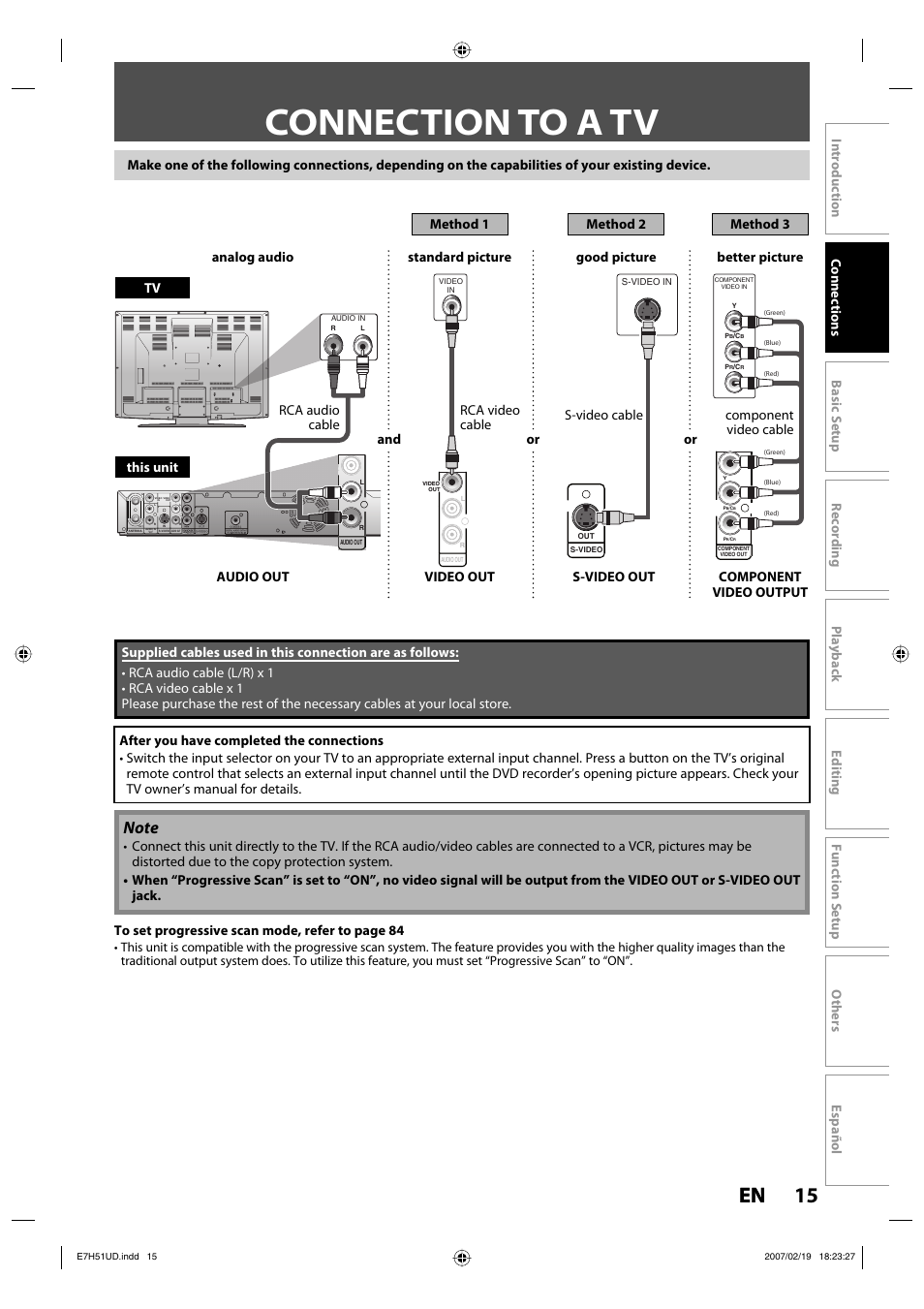 Connection to a tv, 15 en 15 en, Rca video cable and or or | FUNAI ZC350MS8 User Manual | Page 15 / 102