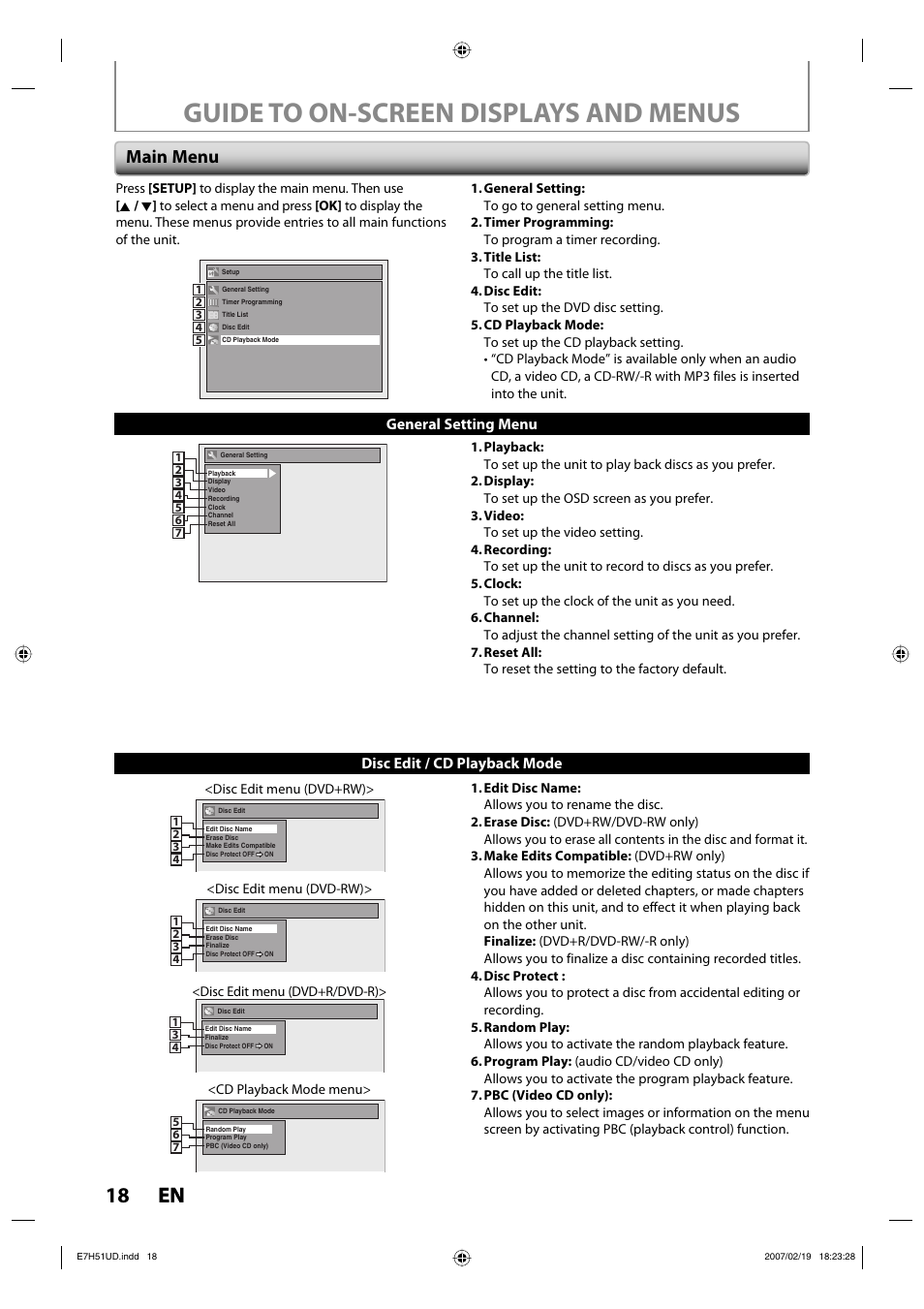 Guide to on-screen displays and menus, 18 en 18 en, Main menu | Disc edit / cd playback mode, General setting menu | FUNAI ZC350MS8 User Manual | Page 18 / 102