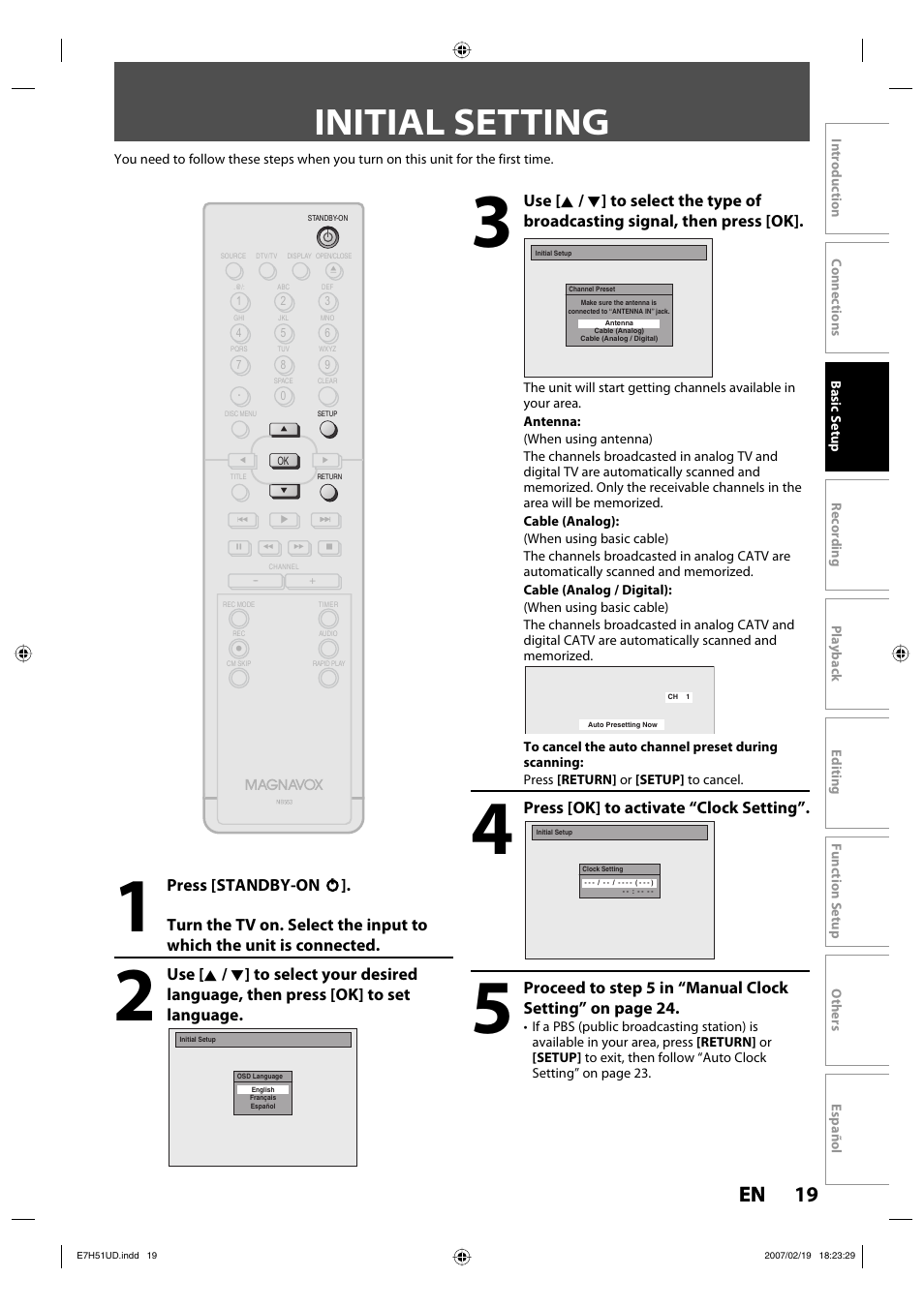 Initial setting, 19 en 19 en | FUNAI ZC350MS8 User Manual | Page 19 / 102