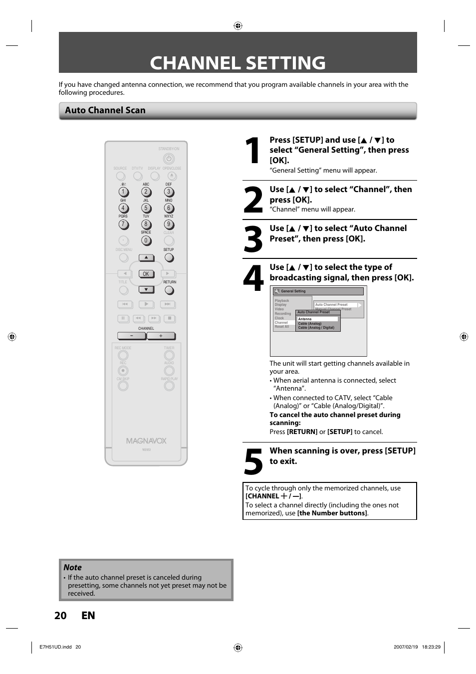 Channel setting, 20 en 20 en, Auto channel scan | FUNAI ZC350MS8 User Manual | Page 20 / 102