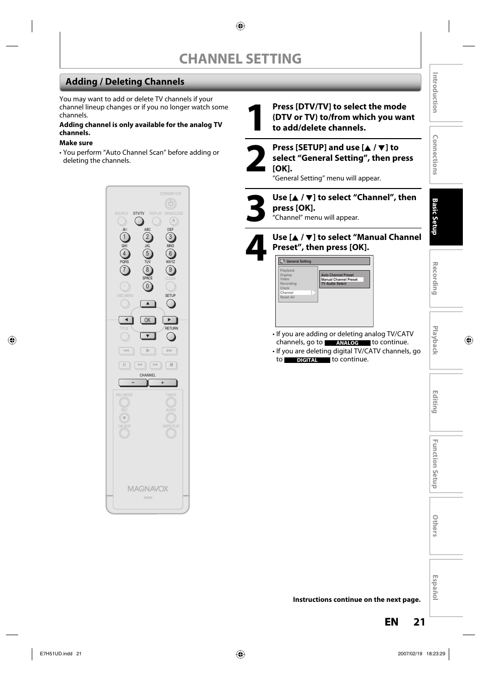 Channel setting, 21 en 21 en, Adding / deleting channels | Use [ k / l ] to select “channel”, then press [ok | FUNAI ZC350MS8 User Manual | Page 21 / 102