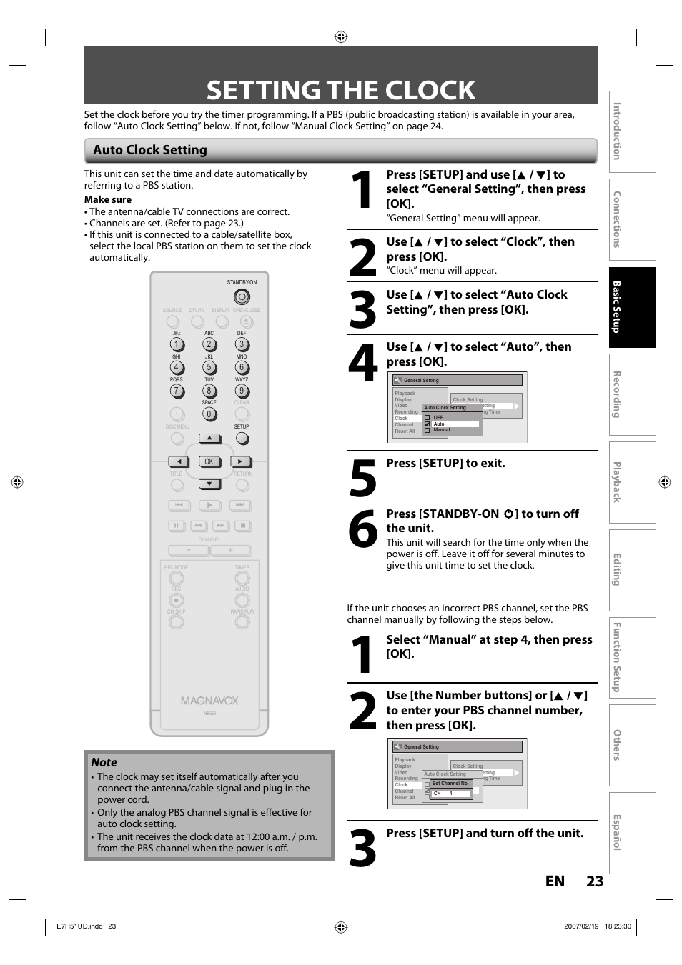 Setting the clock, 23 en 23 en, Auto clock setting | FUNAI ZC350MS8 User Manual | Page 23 / 102