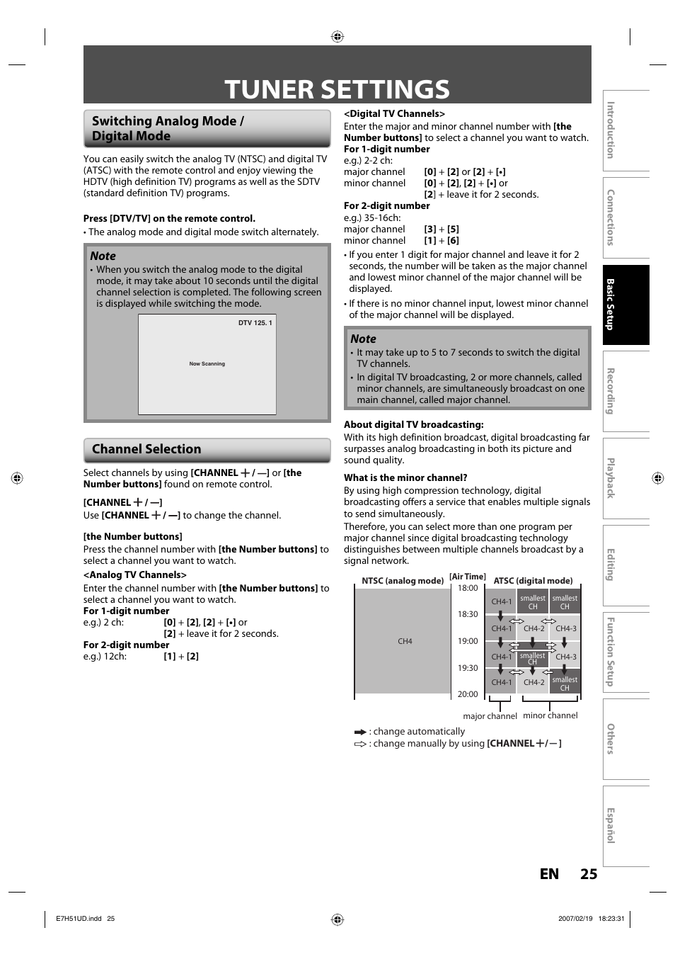 Tuner settings, 25 en 25 en, Switching analog mode / digital mode | Channel selection | FUNAI ZC350MS8 User Manual | Page 25 / 102