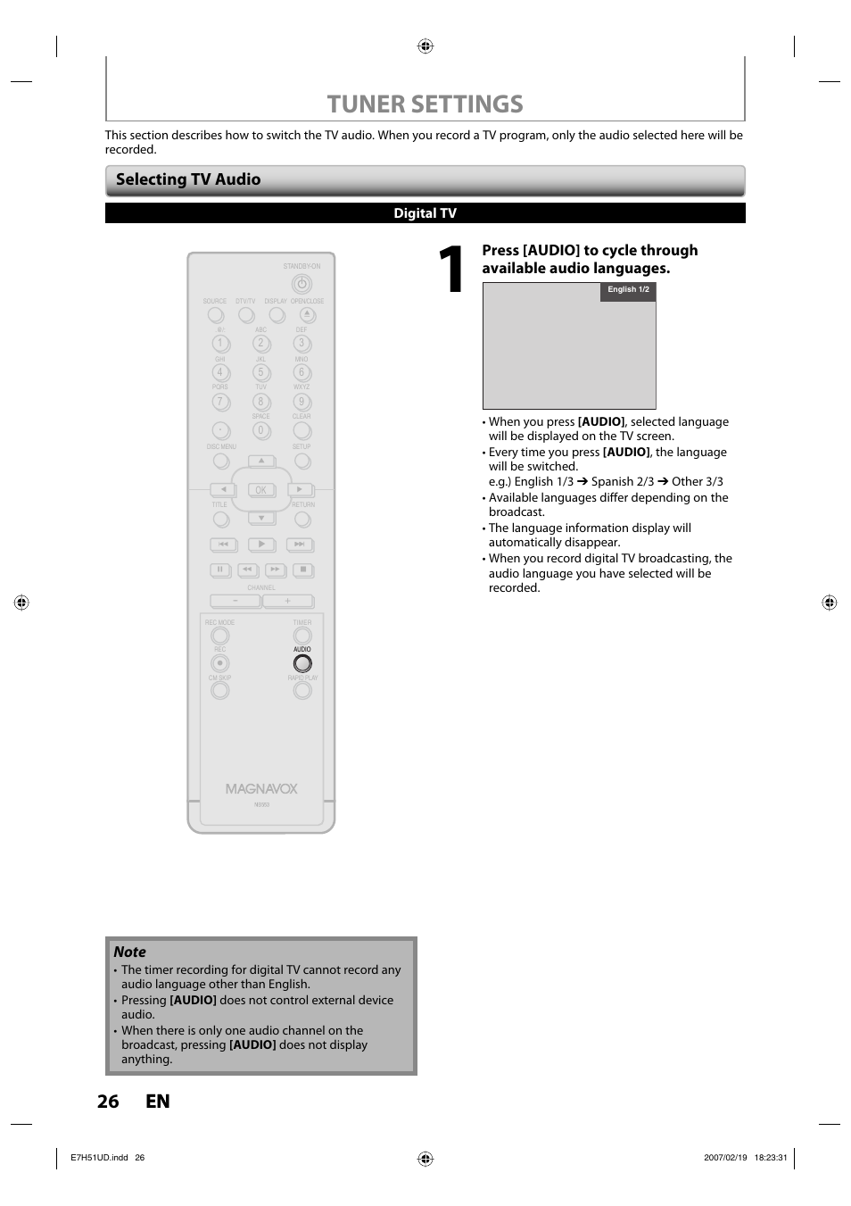 Tuner settings, 26 en 26 en, Selecting tv audio | Digital tv | FUNAI ZC350MS8 User Manual | Page 26 / 102