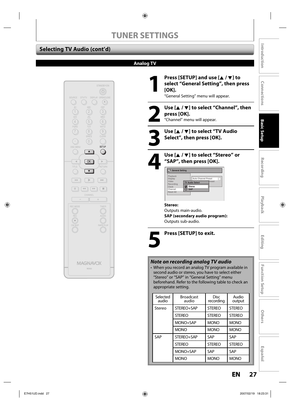 Tuner settings, 27 en 27 en, Selecting tv audio (cont’d) | FUNAI ZC350MS8 User Manual | Page 27 / 102