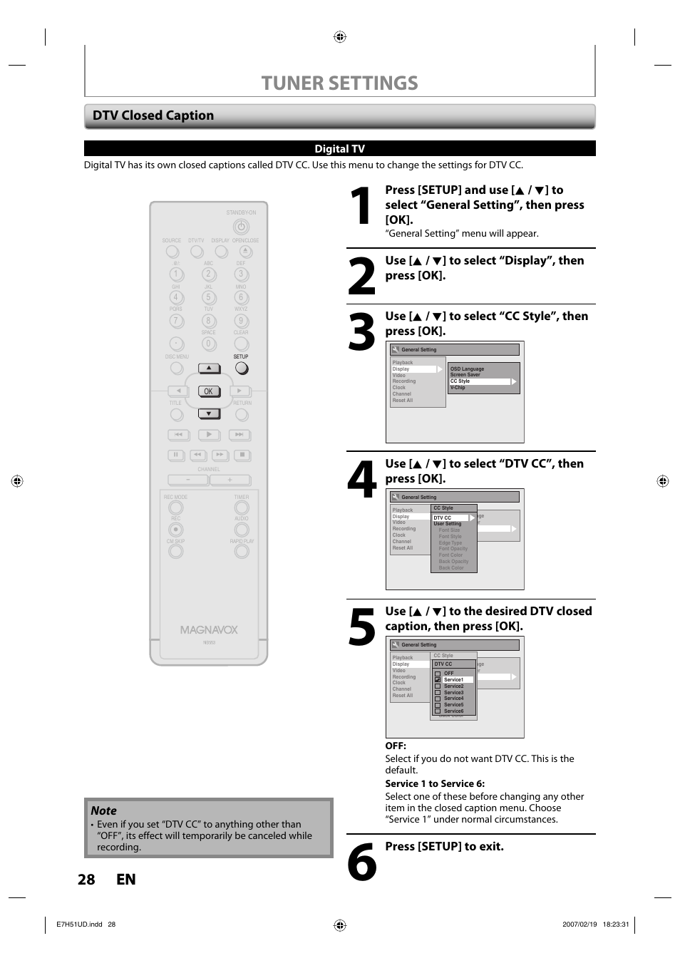 Tuner settings, 28 en 28 en, Dtv closed caption | FUNAI ZC350MS8 User Manual | Page 28 / 102