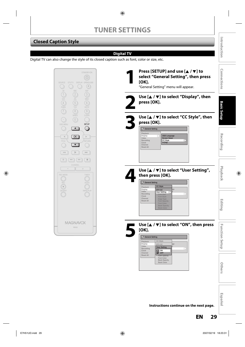Tuner settings, 29 en 29 en, Closed caption style | Use [ k / l ] to select “display”, then press [ok, Use [ k / l ] to select “cc style”, then press [ok, Use [ k / l ] to select “on”, then press [ok | FUNAI ZC350MS8 User Manual | Page 29 / 102