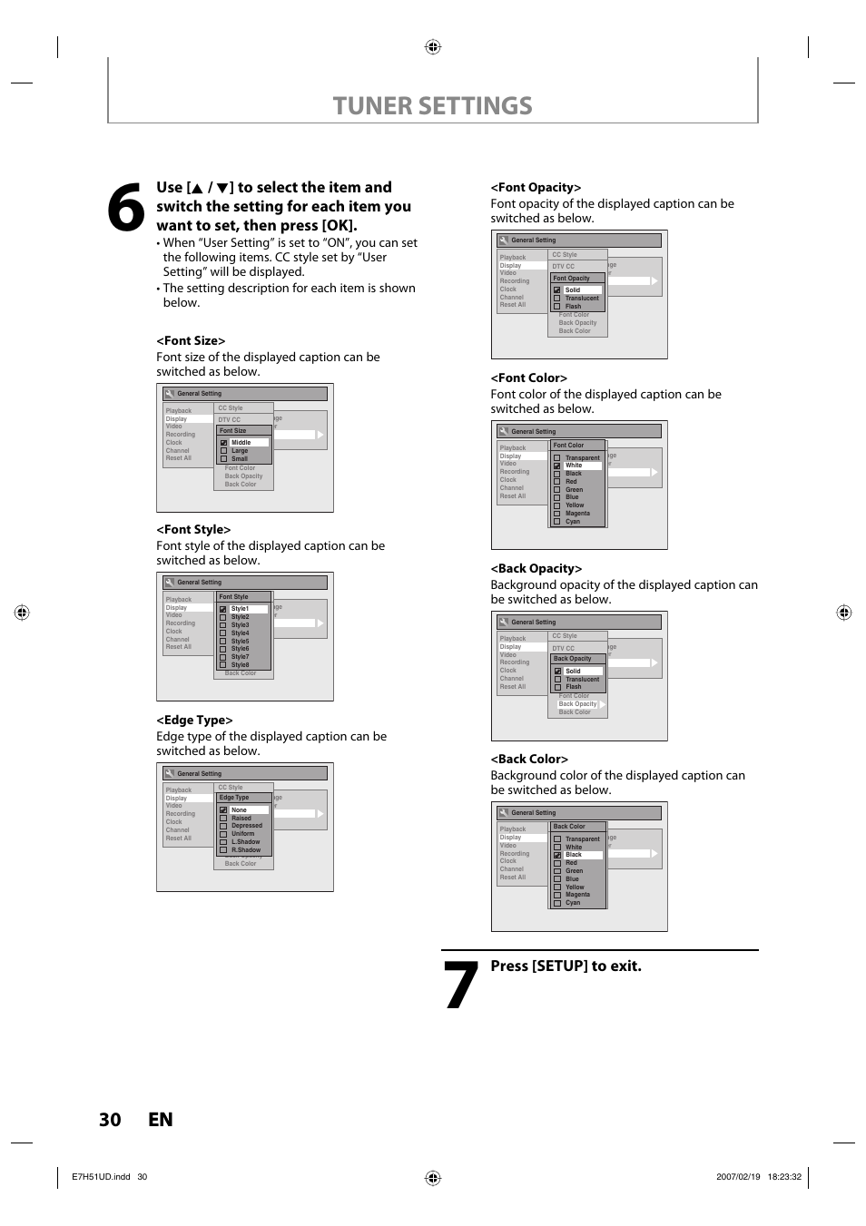 Tuner settings, 30 en 30 en, Press [setup] to exit | FUNAI ZC350MS8 User Manual | Page 30 / 102