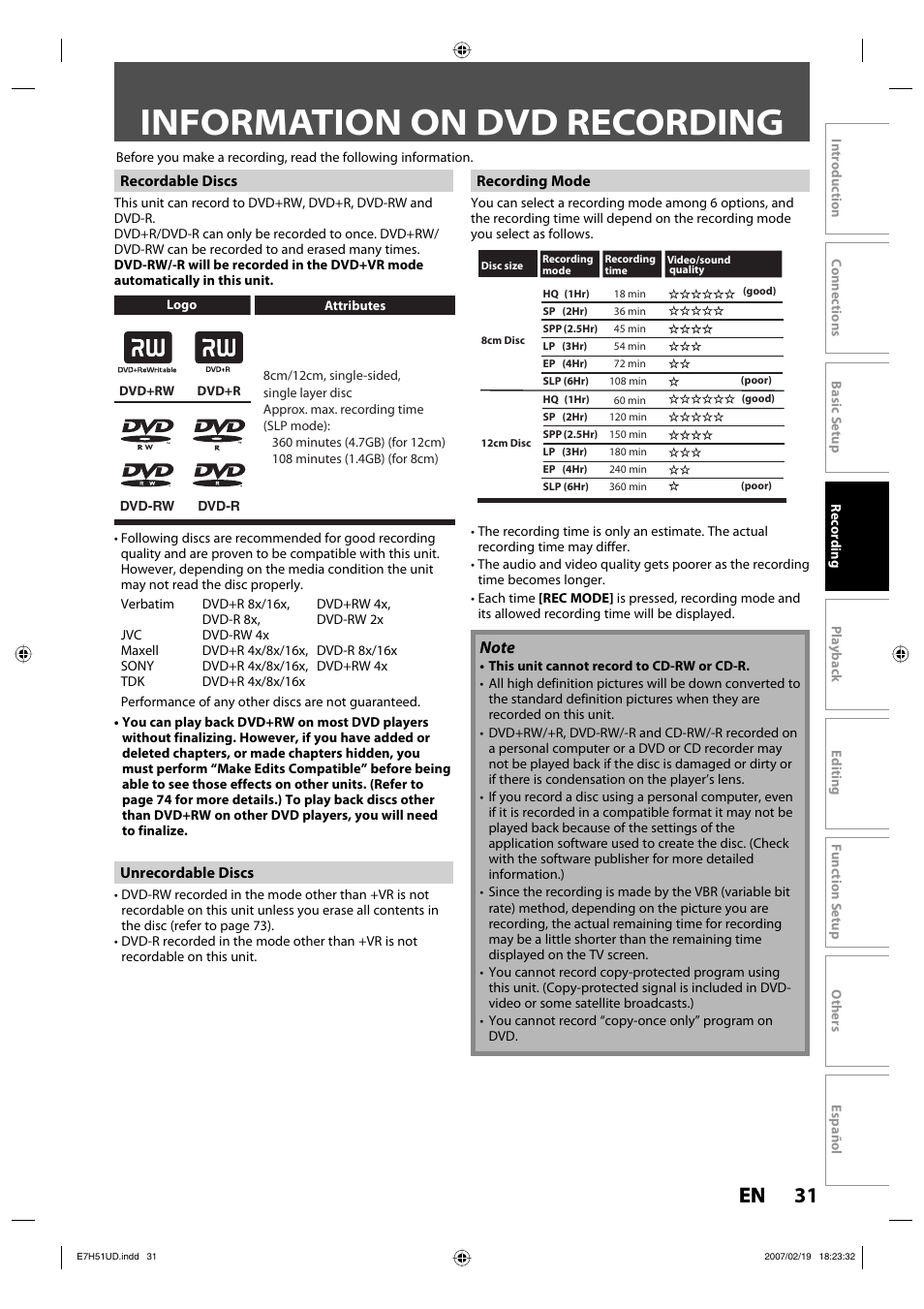 Information on dvd recording, 31 en 31 en | FUNAI ZC350MS8 User Manual | Page 31 / 102