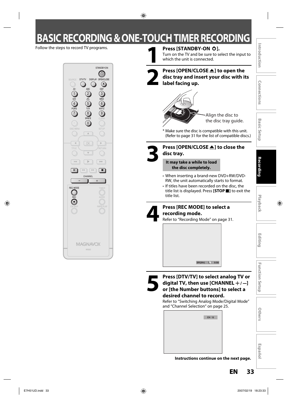 Basic recording & one-touch timer recording, 33 en 33 en, Press [standby-on y y | Press [open/close a ] to close the disc tray, Press [rec mode] to select a recording mode | FUNAI ZC350MS8 User Manual | Page 33 / 102